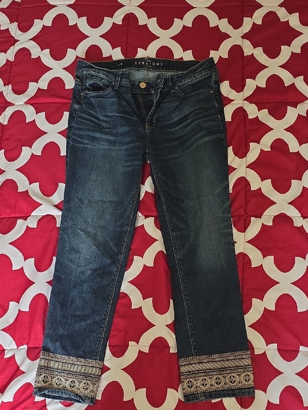 White House Black Market Dark Blue Straight Leg Jeans with Embroidered Hem